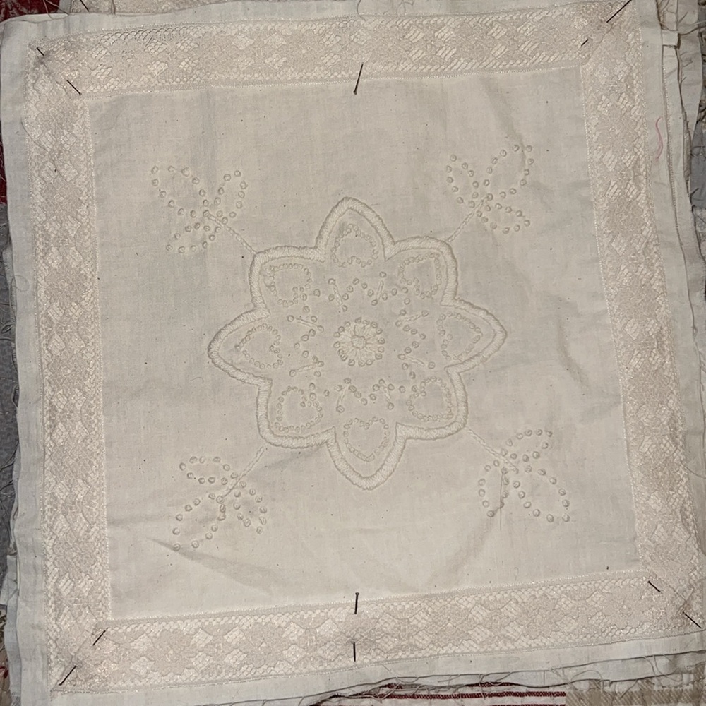 Lot 9 French hand Embroidered cream quilt Squares
